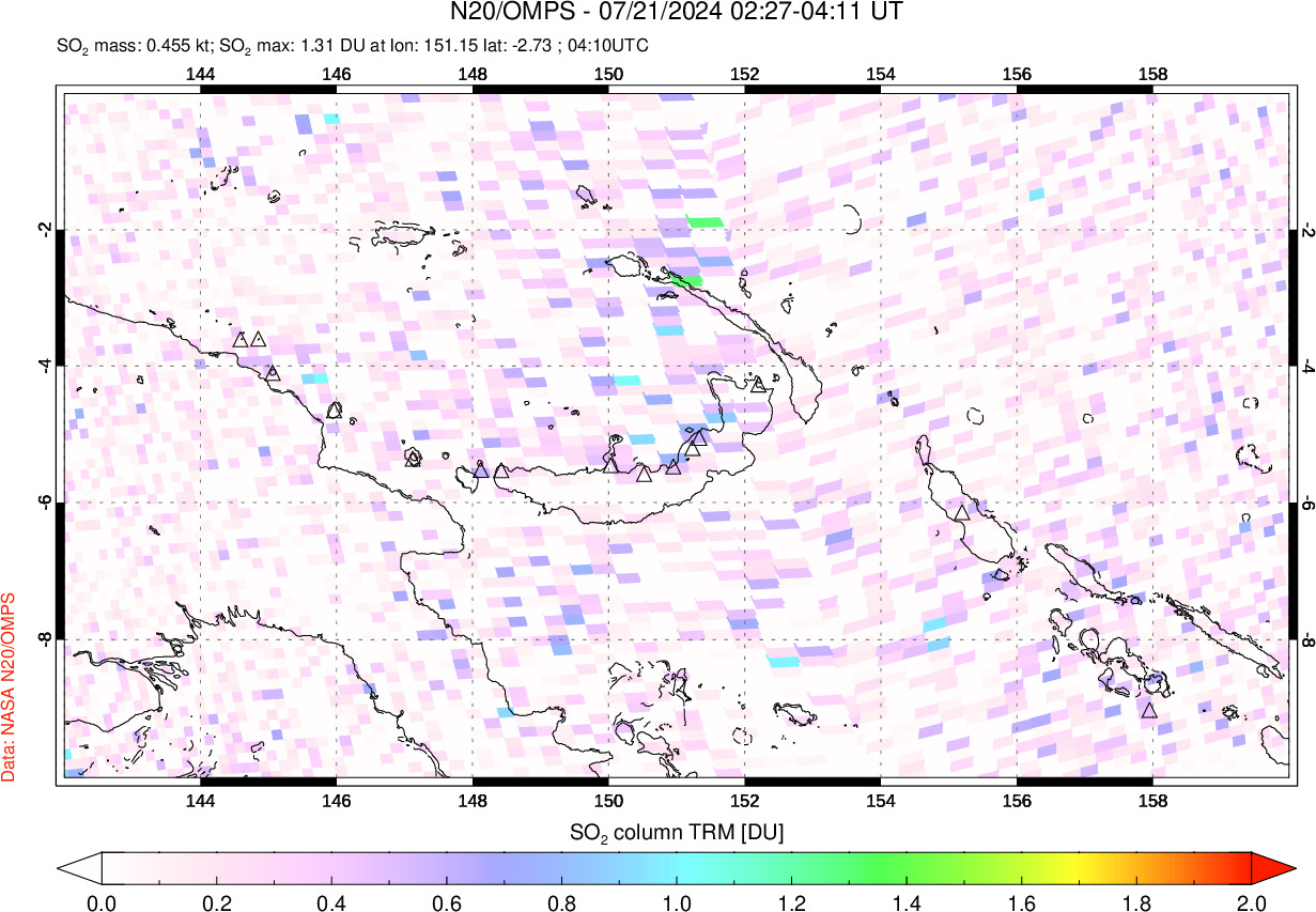 A sulfur dioxide image over Papua, New Guinea on Jul 21, 2024.