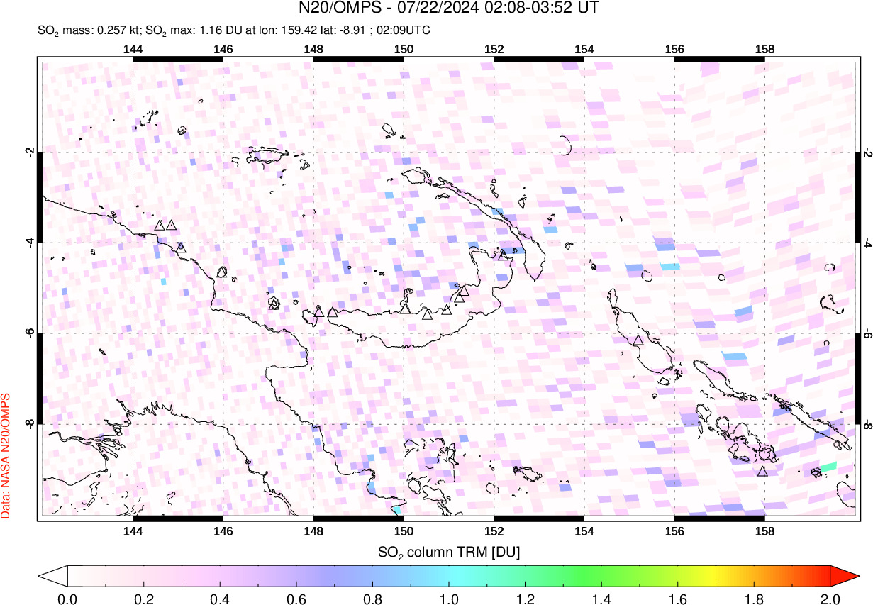 A sulfur dioxide image over Papua, New Guinea on Jul 22, 2024.