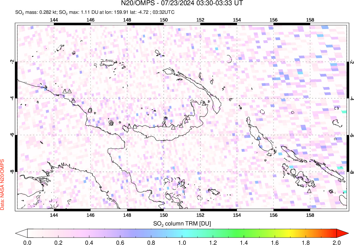 A sulfur dioxide image over Papua, New Guinea on Jul 23, 2024.