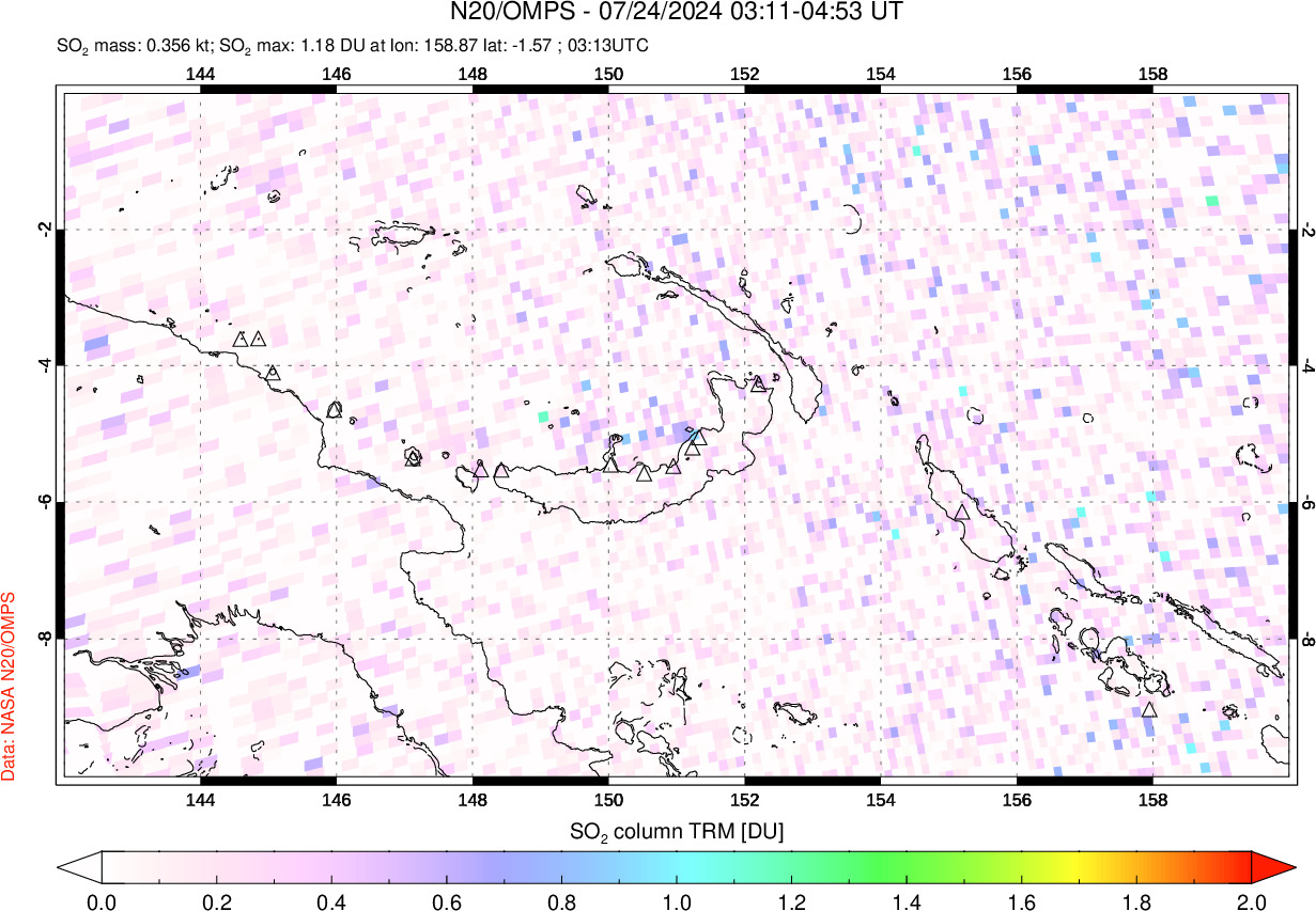 A sulfur dioxide image over Papua, New Guinea on Jul 24, 2024.