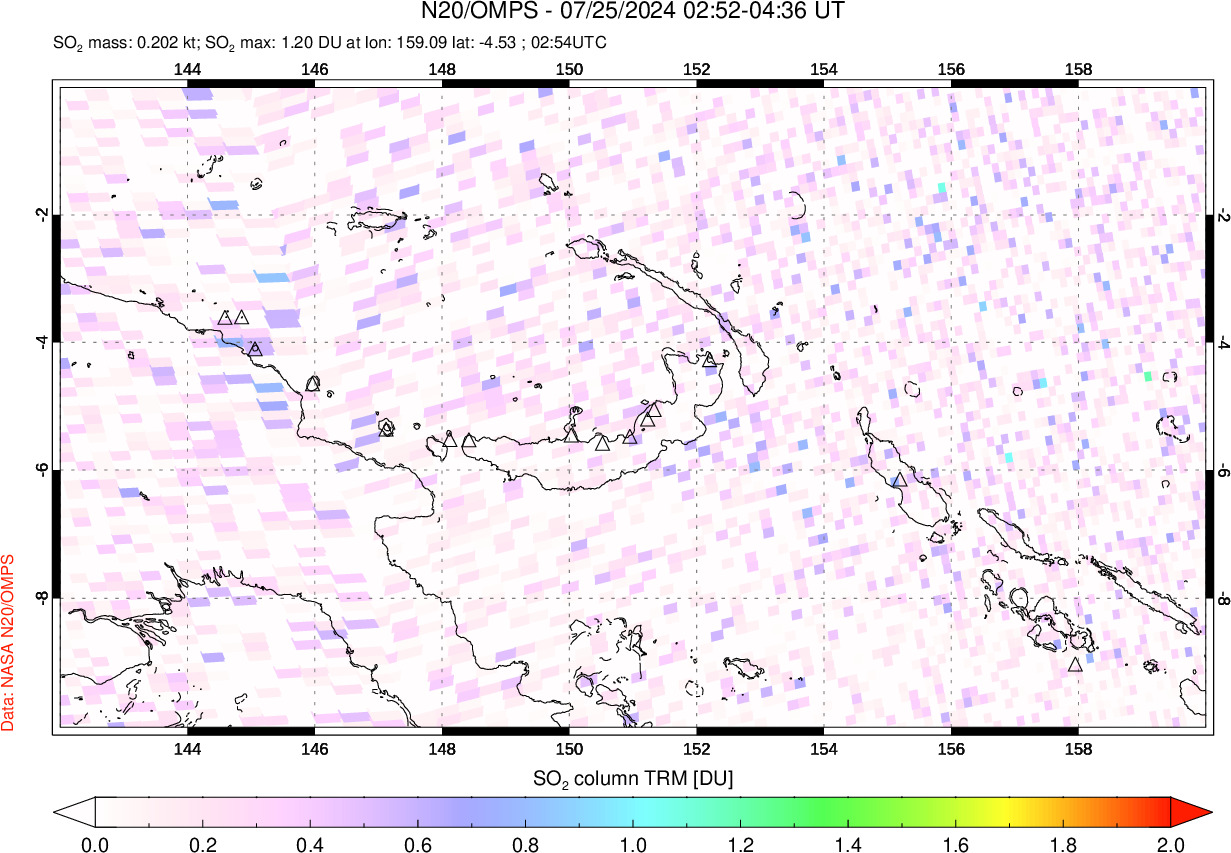 A sulfur dioxide image over Papua, New Guinea on Jul 25, 2024.