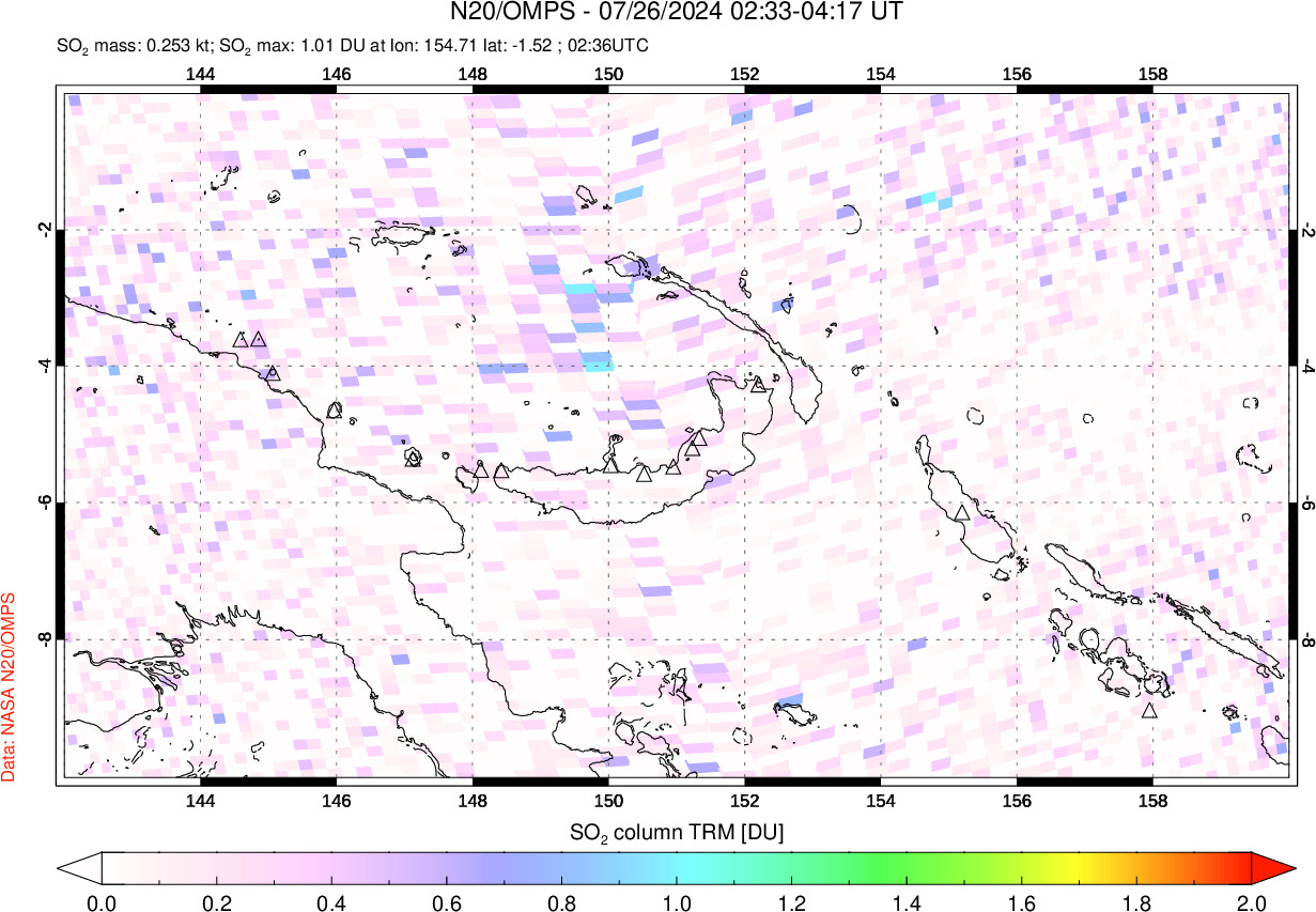 A sulfur dioxide image over Papua, New Guinea on Jul 26, 2024.