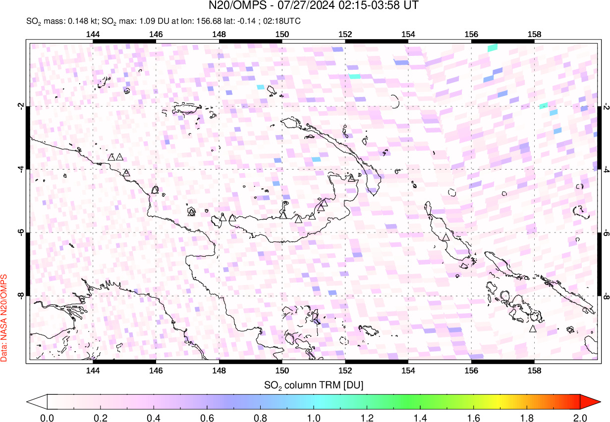 A sulfur dioxide image over Papua, New Guinea on Jul 27, 2024.