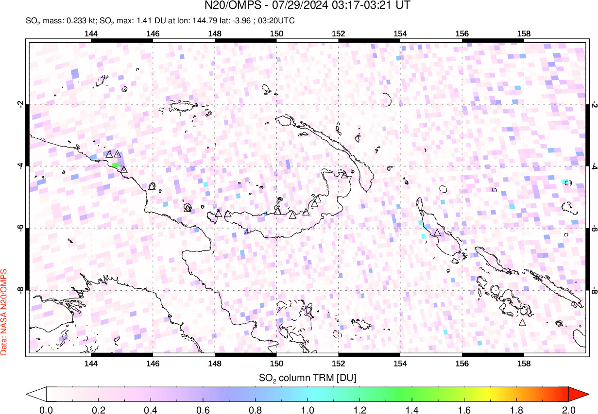 A sulfur dioxide image over Papua, New Guinea on Jul 29, 2024.