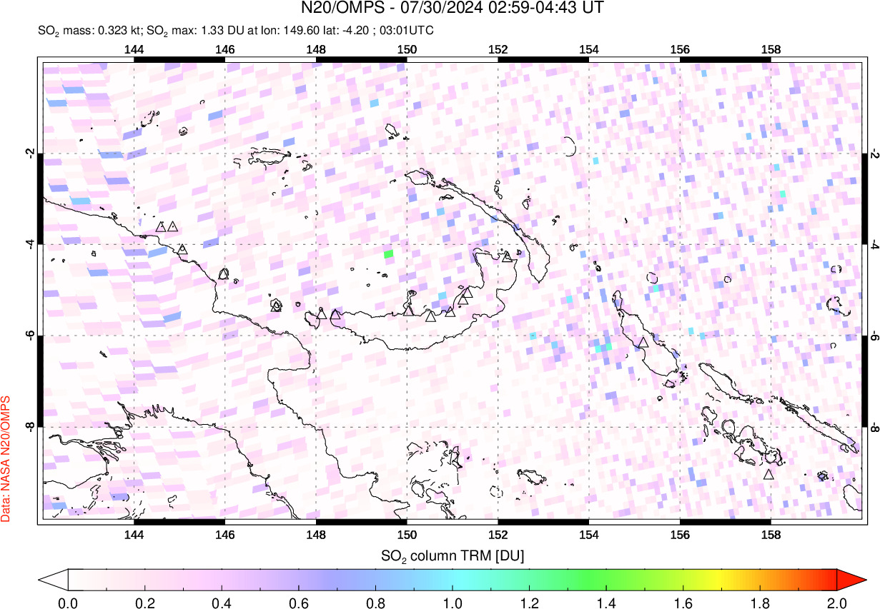 A sulfur dioxide image over Papua, New Guinea on Jul 30, 2024.