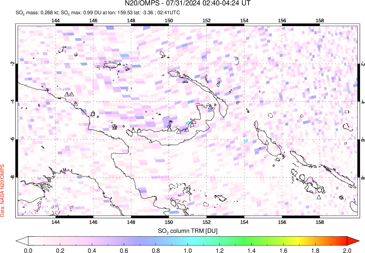 A sulfur dioxide image over Papua, New Guinea on Jul 31, 2024.