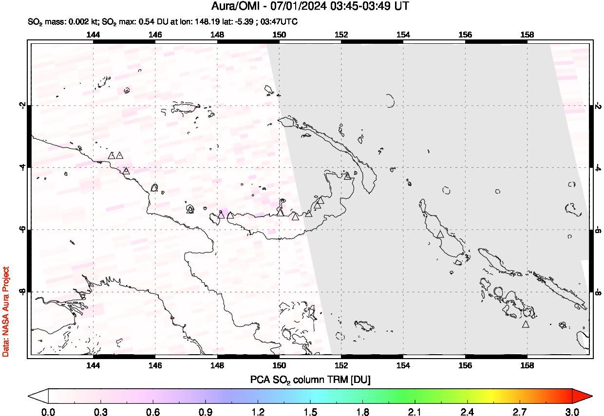 A sulfur dioxide image over Papua, New Guinea on Jul 01, 2024.