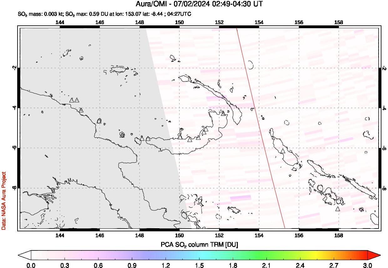 A sulfur dioxide image over Papua, New Guinea on Jul 02, 2024.