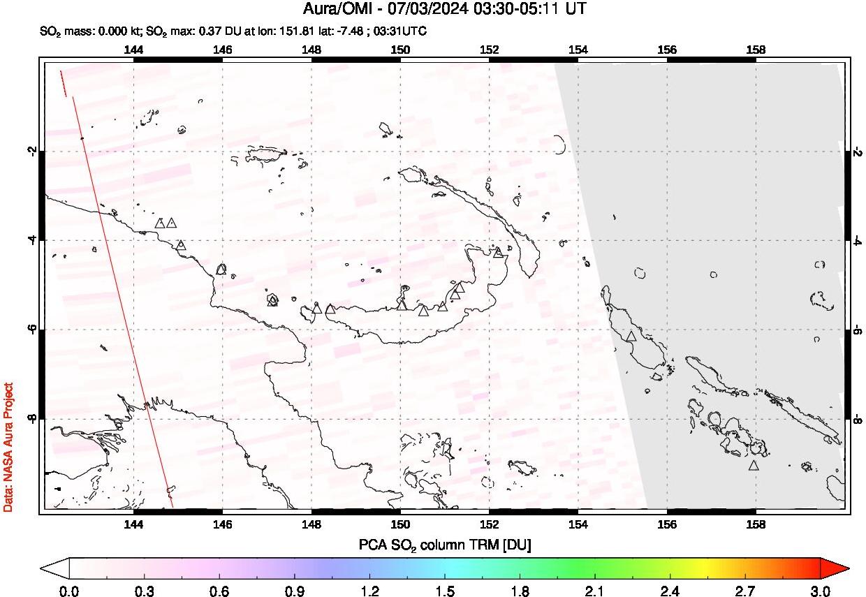 A sulfur dioxide image over Papua, New Guinea on Jul 03, 2024.