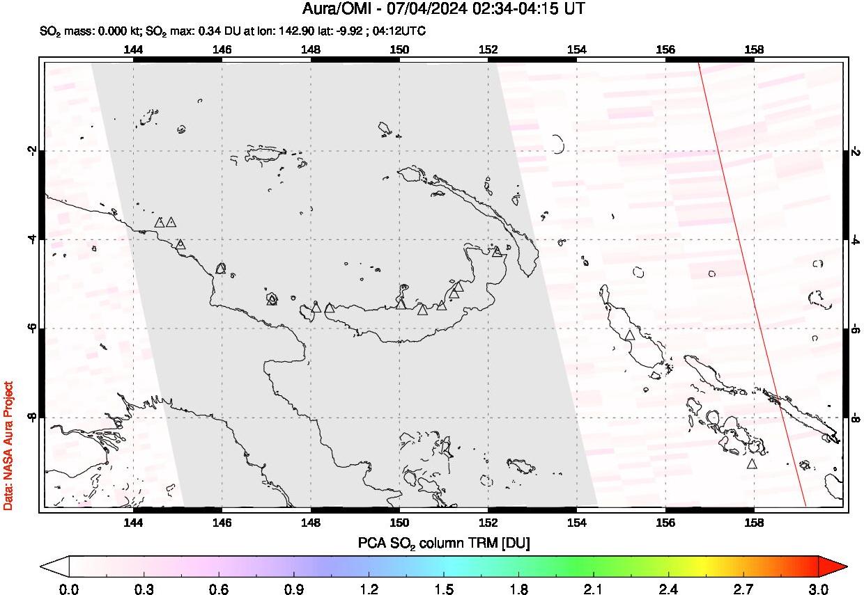 A sulfur dioxide image over Papua, New Guinea on Jul 04, 2024.