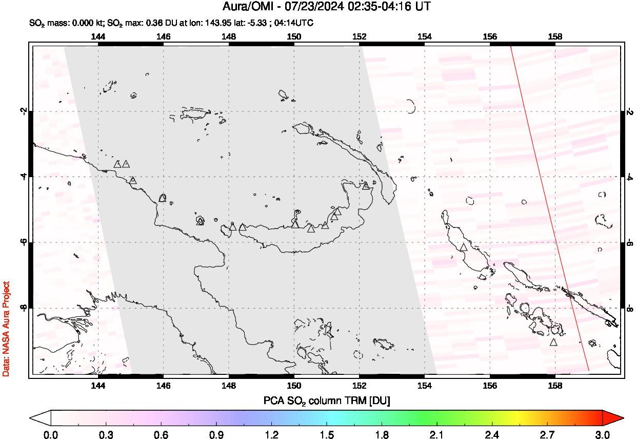 A sulfur dioxide image over Papua, New Guinea on Jul 23, 2024.