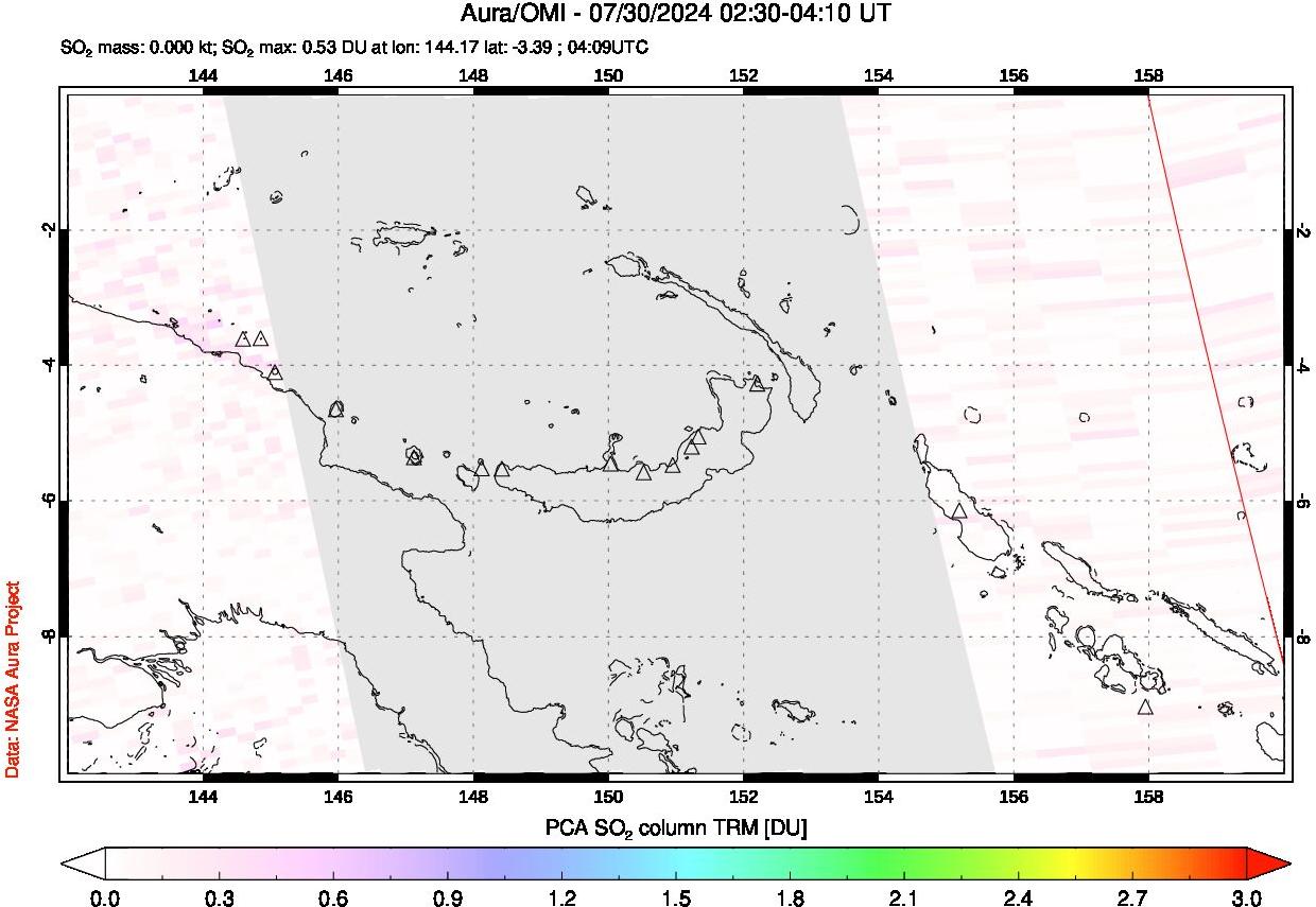 A sulfur dioxide image over Papua, New Guinea on Jul 30, 2024.