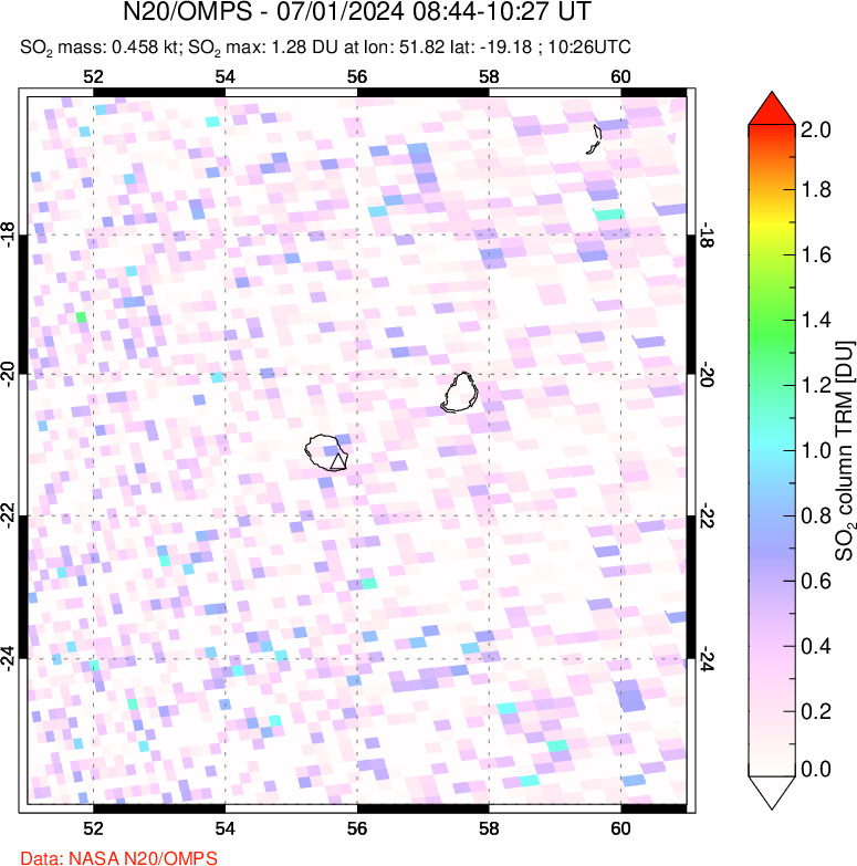 A sulfur dioxide image over Reunion Island, Indian Ocean on Jul 01, 2024.