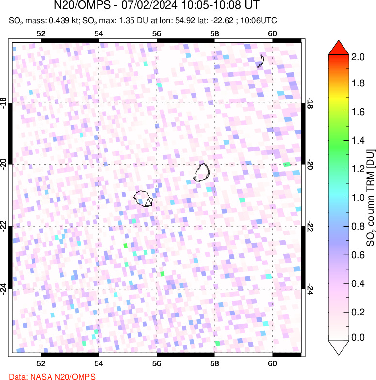 A sulfur dioxide image over Reunion Island, Indian Ocean on Jul 02, 2024.