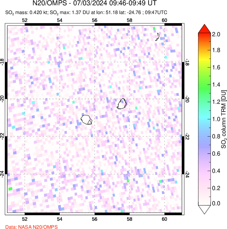 A sulfur dioxide image over Reunion Island, Indian Ocean on Jul 03, 2024.