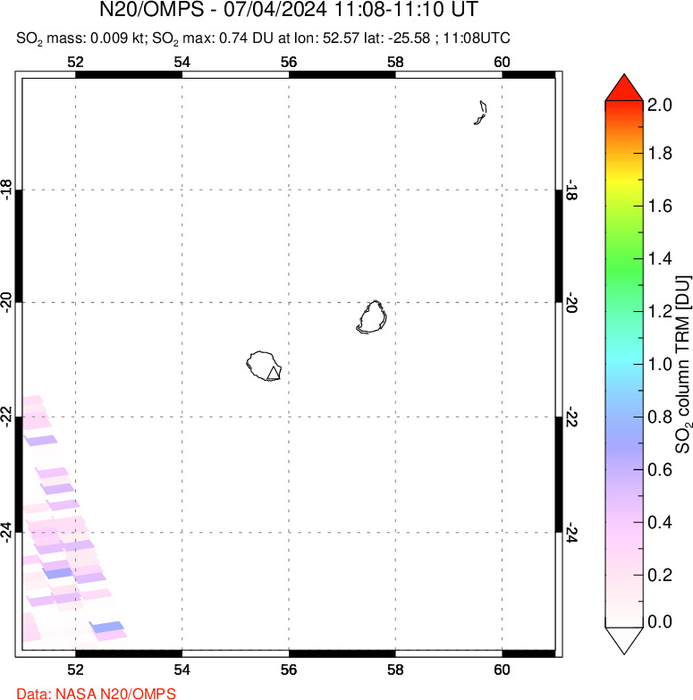 A sulfur dioxide image over Reunion Island, Indian Ocean on Jul 04, 2024.