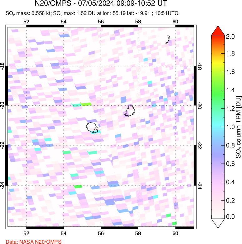 A sulfur dioxide image over Reunion Island, Indian Ocean on Jul 05, 2024.