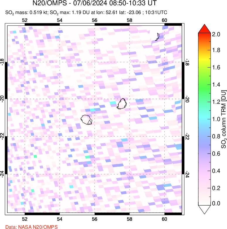 A sulfur dioxide image over Reunion Island, Indian Ocean on Jul 06, 2024.