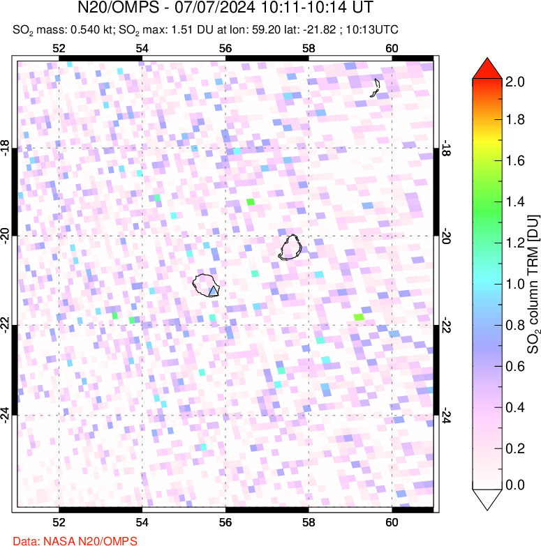 A sulfur dioxide image over Reunion Island, Indian Ocean on Jul 07, 2024.