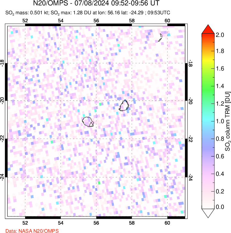 A sulfur dioxide image over Reunion Island, Indian Ocean on Jul 08, 2024.