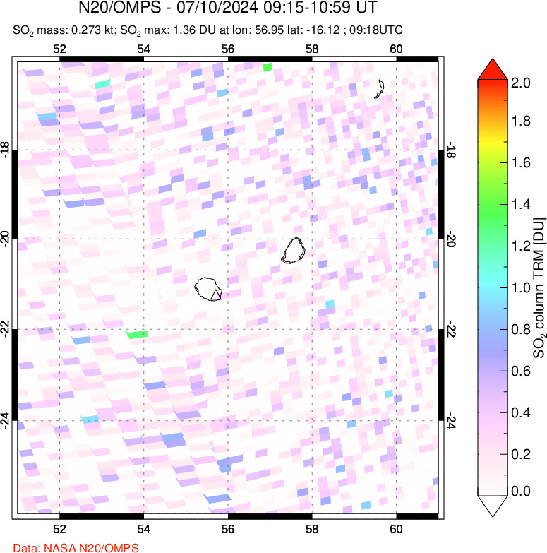 A sulfur dioxide image over Reunion Island, Indian Ocean on Jul 10, 2024.