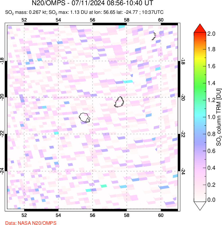 A sulfur dioxide image over Reunion Island, Indian Ocean on Jul 11, 2024.