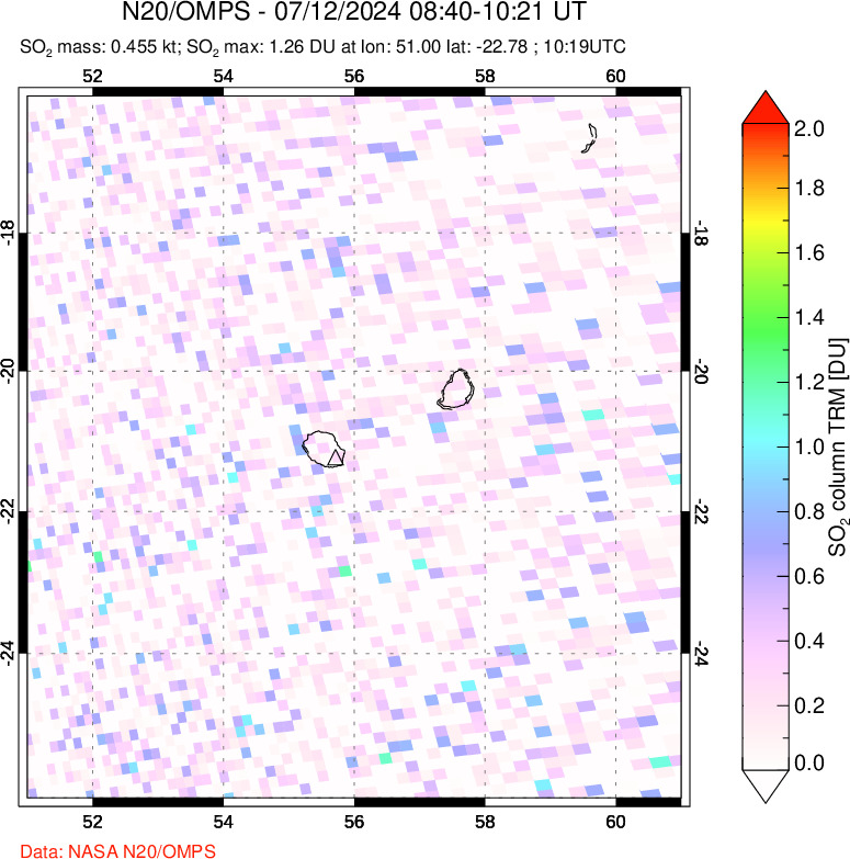 A sulfur dioxide image over Reunion Island, Indian Ocean on Jul 12, 2024.