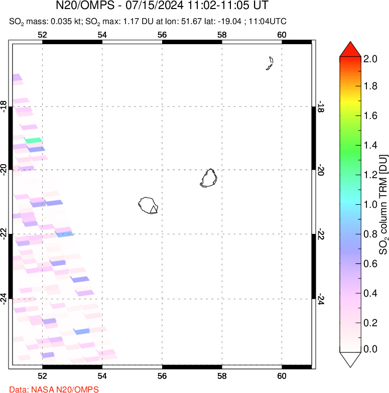 A sulfur dioxide image over Reunion Island, Indian Ocean on Jul 15, 2024.