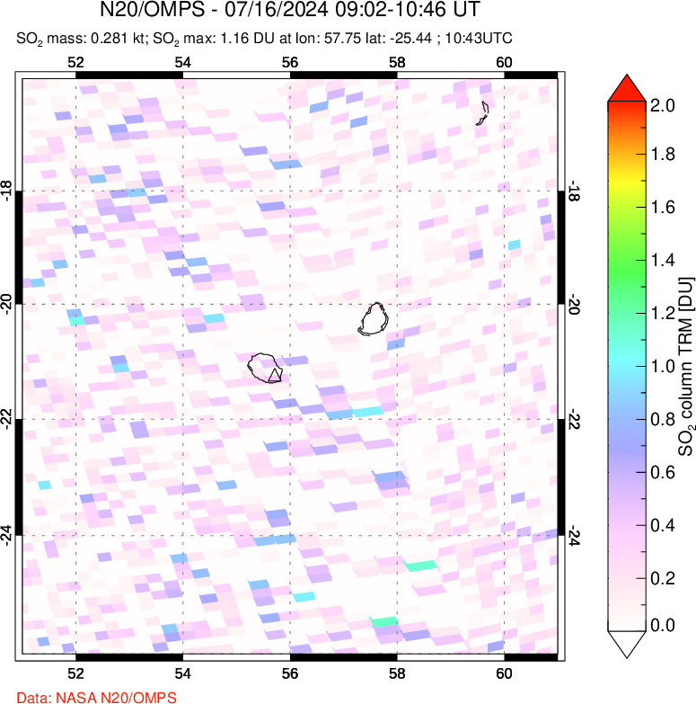 A sulfur dioxide image over Reunion Island, Indian Ocean on Jul 16, 2024.