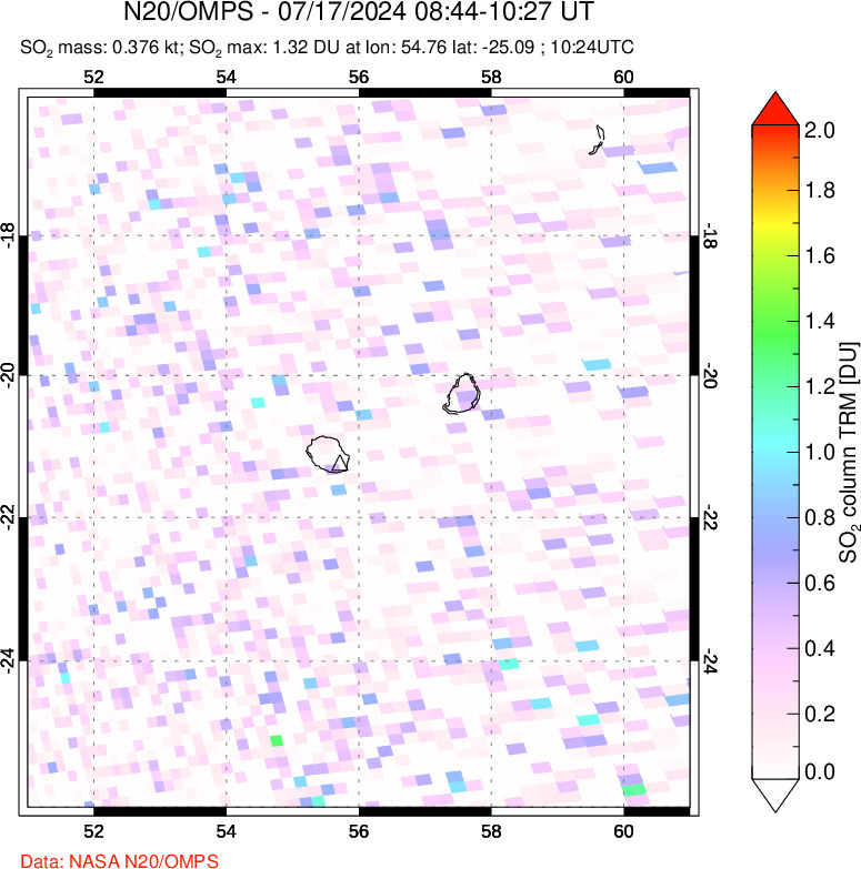 A sulfur dioxide image over Reunion Island, Indian Ocean on Jul 17, 2024.