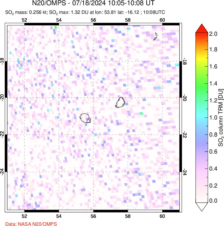 A sulfur dioxide image over Reunion Island, Indian Ocean on Jul 18, 2024.