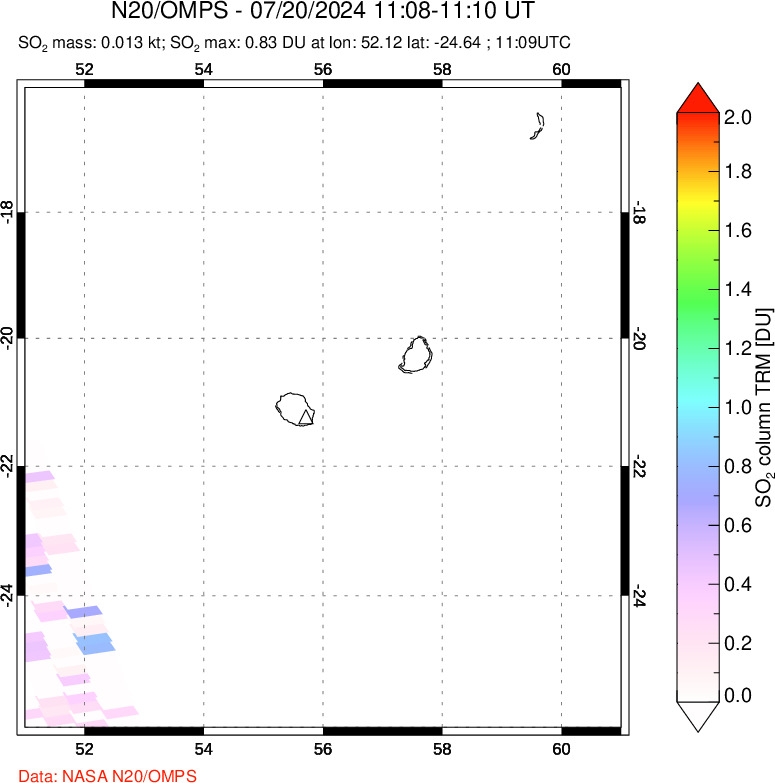 A sulfur dioxide image over Reunion Island, Indian Ocean on Jul 20, 2024.