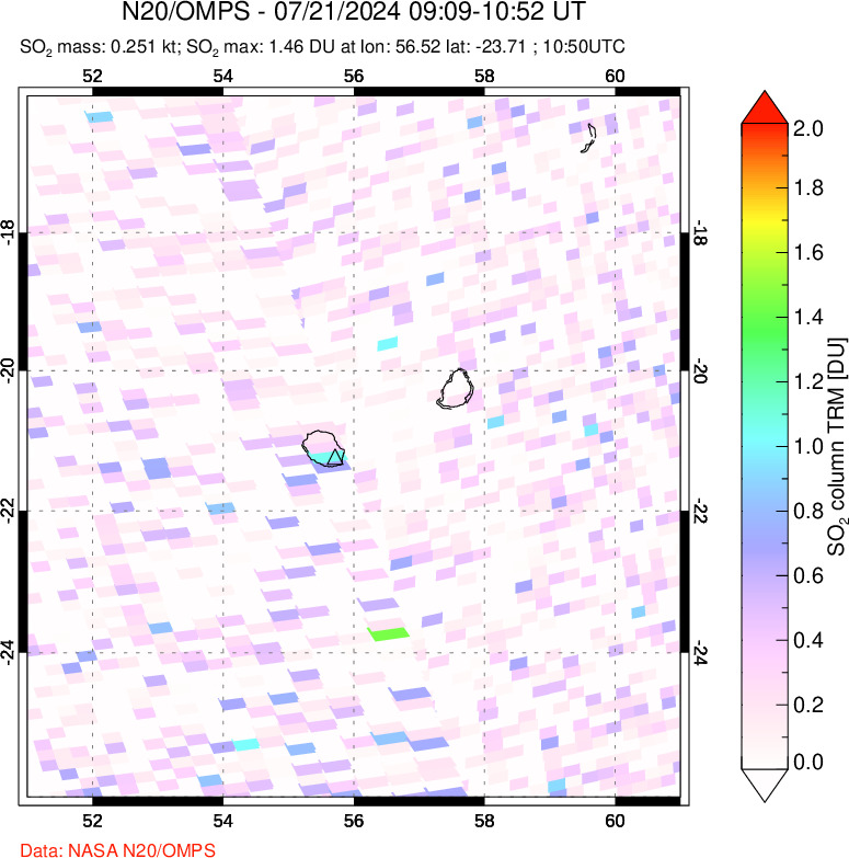 A sulfur dioxide image over Reunion Island, Indian Ocean on Jul 21, 2024.