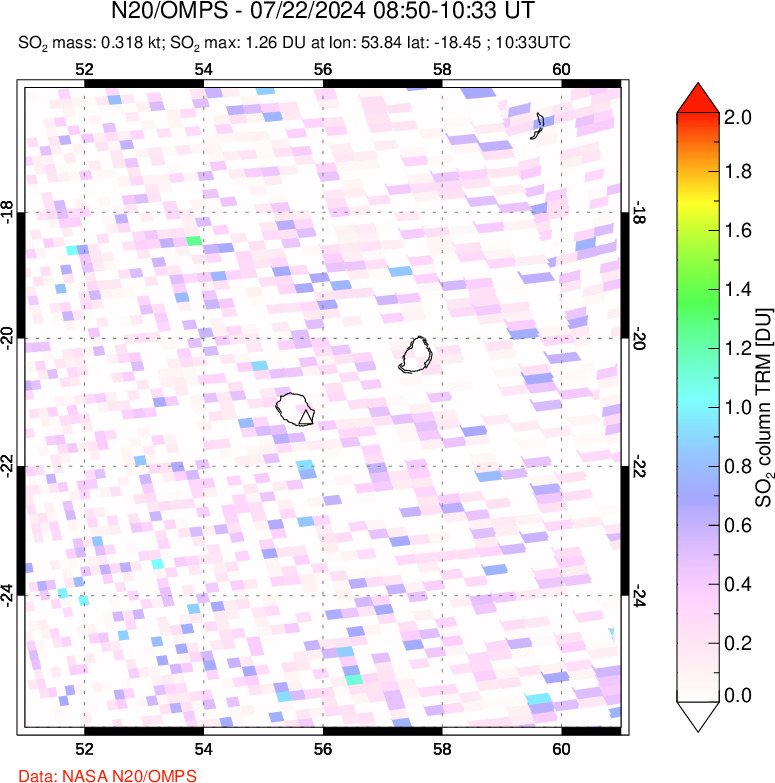 A sulfur dioxide image over Reunion Island, Indian Ocean on Jul 22, 2024.