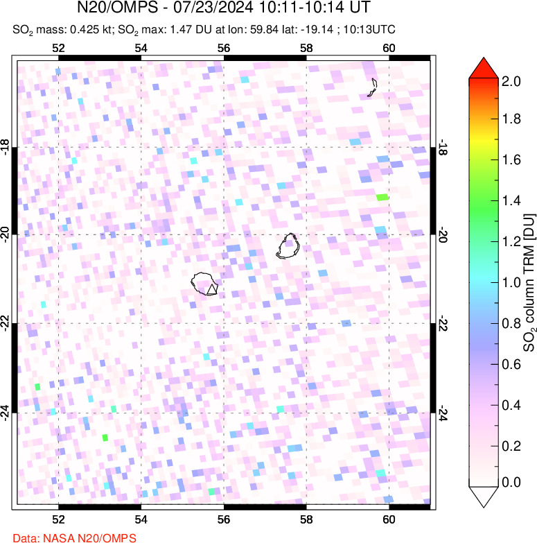 A sulfur dioxide image over Reunion Island, Indian Ocean on Jul 23, 2024.