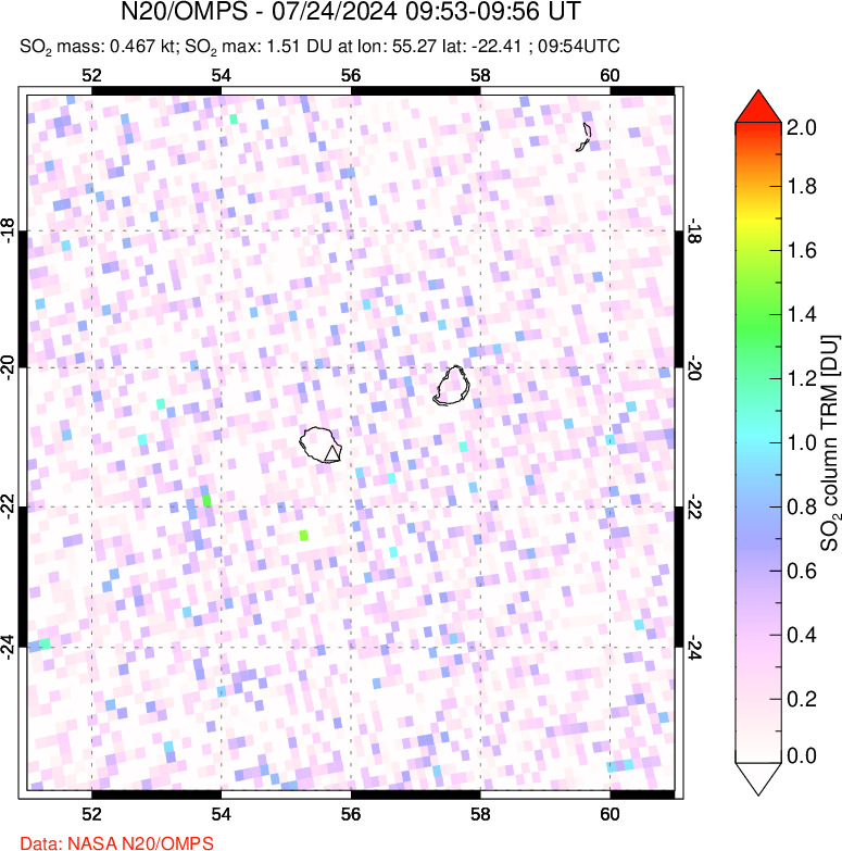 A sulfur dioxide image over Reunion Island, Indian Ocean on Jul 24, 2024.