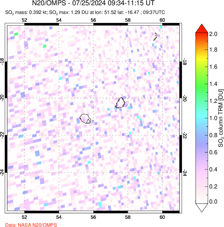 A sulfur dioxide image over Reunion Island, Indian Ocean on Jul 25, 2024.