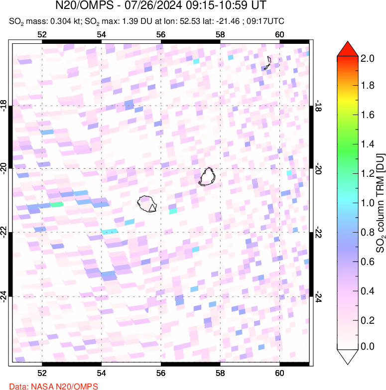 A sulfur dioxide image over Reunion Island, Indian Ocean on Jul 26, 2024.