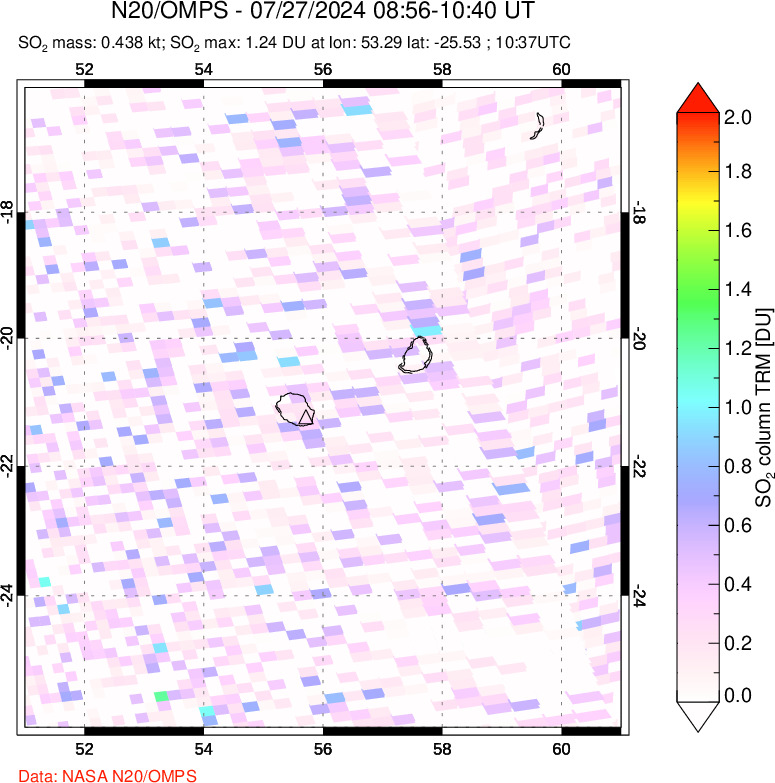 A sulfur dioxide image over Reunion Island, Indian Ocean on Jul 27, 2024.