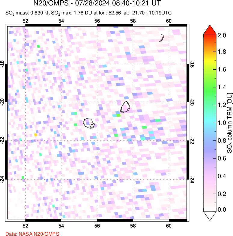 A sulfur dioxide image over Reunion Island, Indian Ocean on Jul 28, 2024.