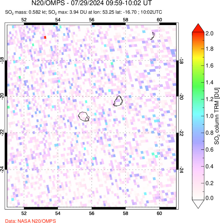 A sulfur dioxide image over Reunion Island, Indian Ocean on Jul 29, 2024.