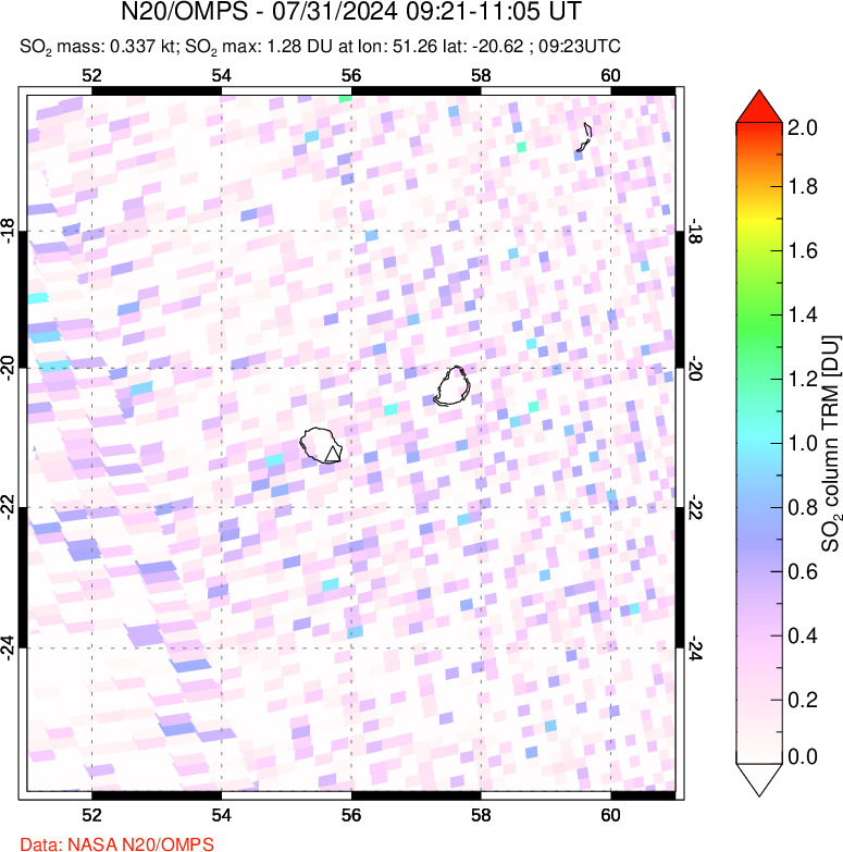 A sulfur dioxide image over Reunion Island, Indian Ocean on Jul 31, 2024.