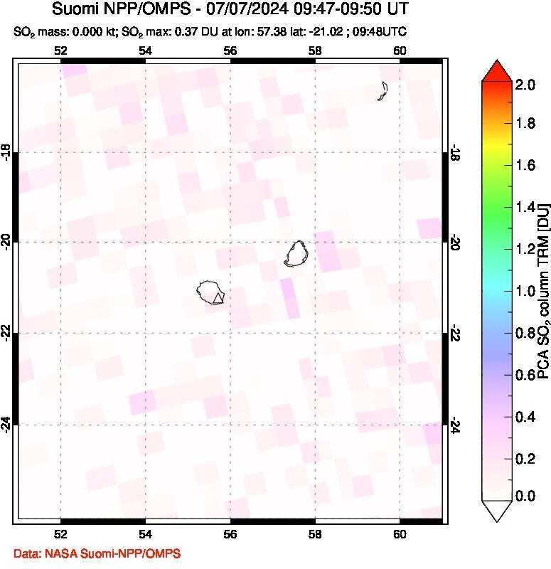 A sulfur dioxide image over Reunion Island, Indian Ocean on Jul 07, 2024.