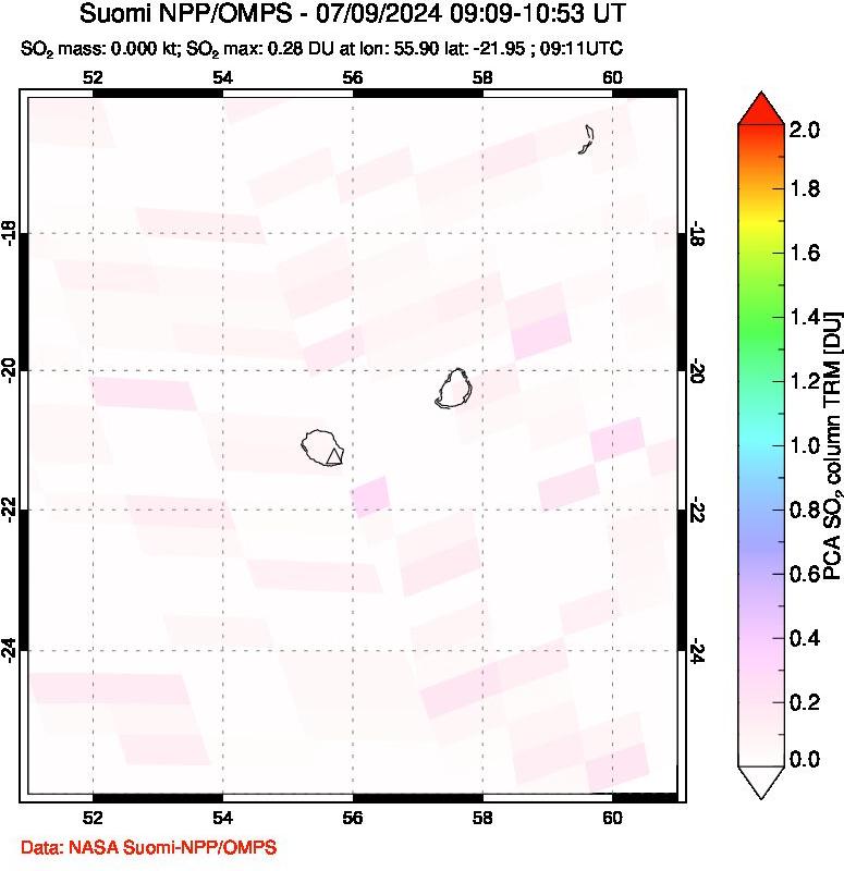 A sulfur dioxide image over Reunion Island, Indian Ocean on Jul 09, 2024.