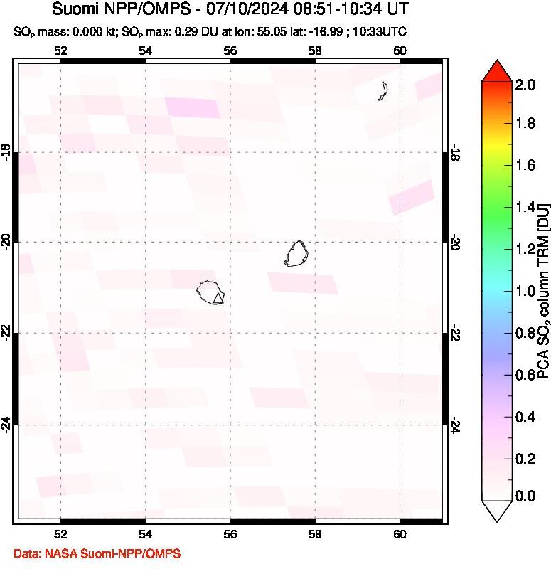 A sulfur dioxide image over Reunion Island, Indian Ocean on Jul 10, 2024.