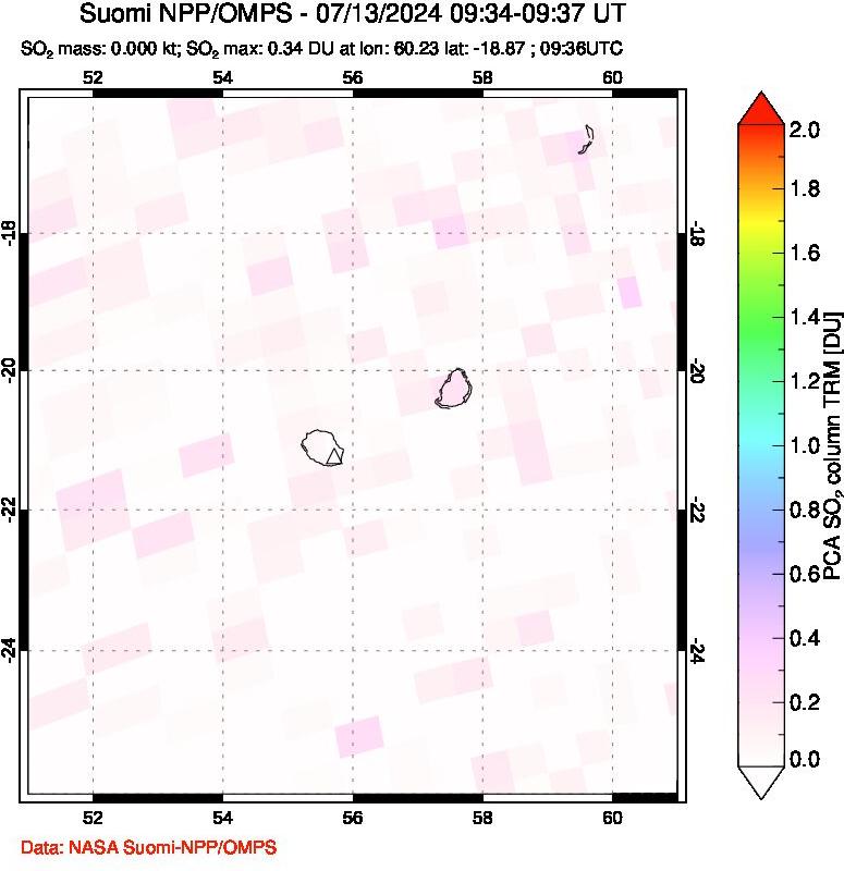 A sulfur dioxide image over Reunion Island, Indian Ocean on Jul 13, 2024.