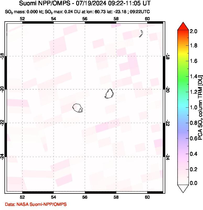 A sulfur dioxide image over Reunion Island, Indian Ocean on Jul 19, 2024.