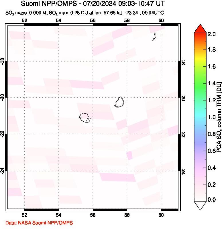 A sulfur dioxide image over Reunion Island, Indian Ocean on Jul 20, 2024.