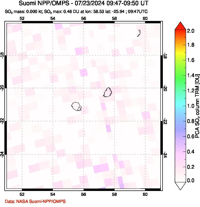 A sulfur dioxide image over Reunion Island, Indian Ocean on Jul 23, 2024.