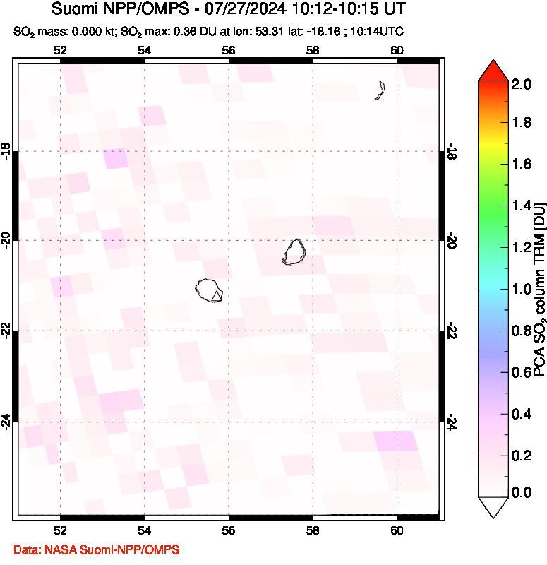 A sulfur dioxide image over Reunion Island, Indian Ocean on Jul 27, 2024.